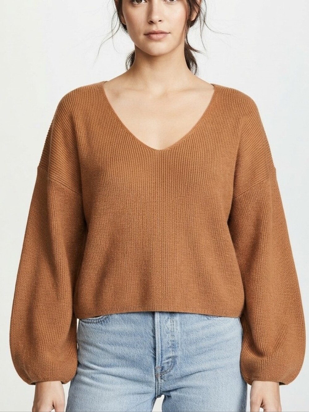 Womens V-Neck Sweater Brown Slouchy Ribbed Knit Balloon Sleeve Cozy Top
